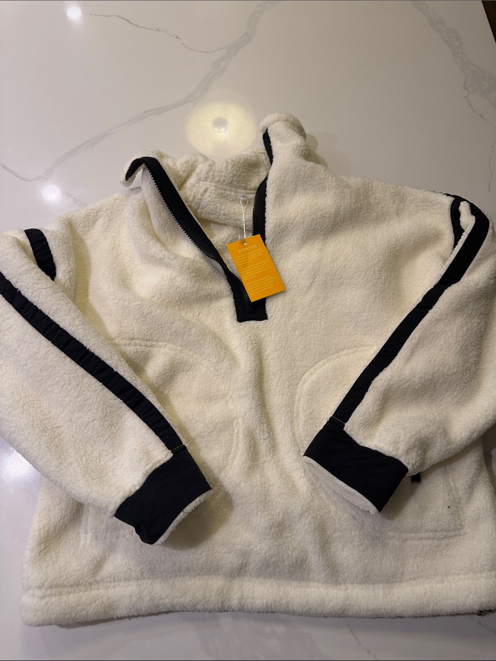 White Sherpa Pullover with Black Trim